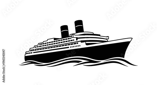 Vintage ocean liner ship silhouette sailing on waves