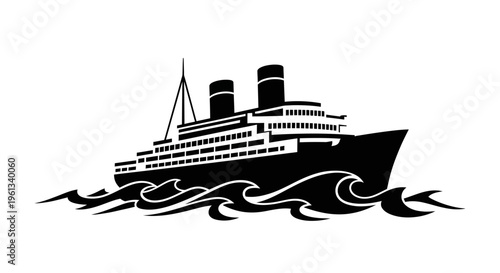 Vintage ocean liner ship silhouette sailing through waves on a classic white background
