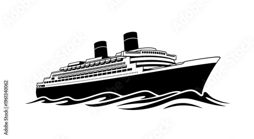 Vintage ocean liner ship silhouette sailing on waves