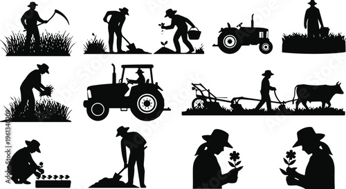 Farmer silhouette icons featuring agriculture workers, tractor, harvesting with scythe, planting seeds, and ox plowing for rural farming and organic gardening concept.
