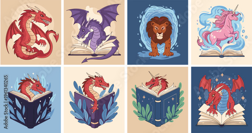 Fantasy creature illustrations featuring dragons, pink unicorn, and lion emerging from magic books for storytelling, fairy tale, and library education theme concept.