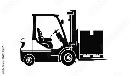 Silhouette of a forklift operator driving with a load on a pallet