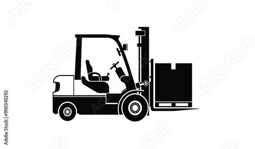 Silhouette of a forklift with a large box on a plain background