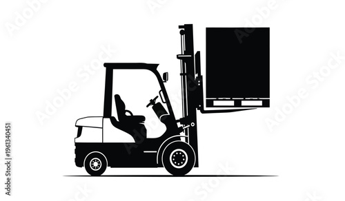 Silhouette of a forklift operator lifting a large object with a forklift silhouette