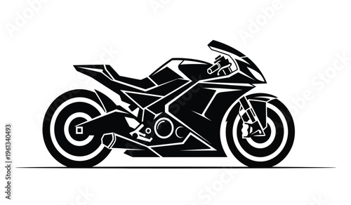 Silhouette of a sleek black motorcycle with angular design on white background silhouette