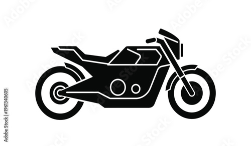 Silhouette of a sleek black motorcycle with white outline on a plain background