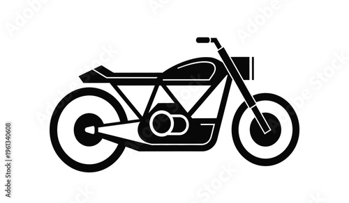 Black silhouette of a minimalist motorcycle with a low seat and long exhaust pipe on a white background