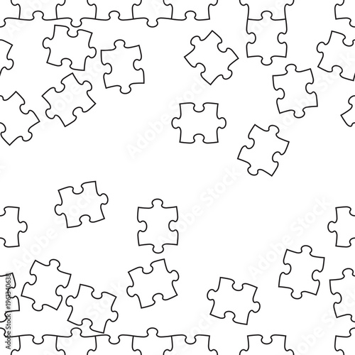 Schilderij op canvas Jigsaw puzzle pieces scattered on a flat surface in black outline transparent ba