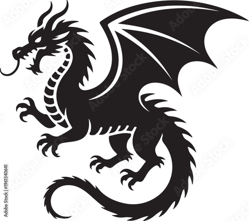 A mighty black dragon with large outstretched wings and sharp claws breathes fire with an open mouth