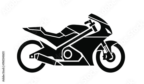 Silhouette of a sleek black motorcycle on white background side view
