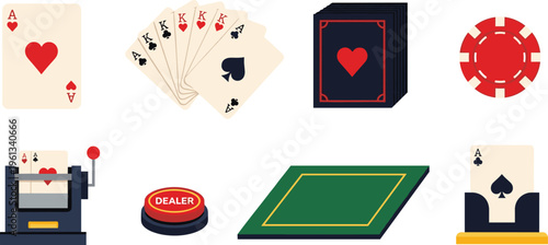 Casino Gambling Elements Set with Playing Cards Poker Chip Dealer Button Table and Card Shuffler Vector Illustration