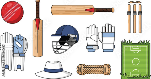 Cricket Equipment Set with Bat Ball Gloves Helmet Wickets Field Hat and Sports Gear Vector Illustration
