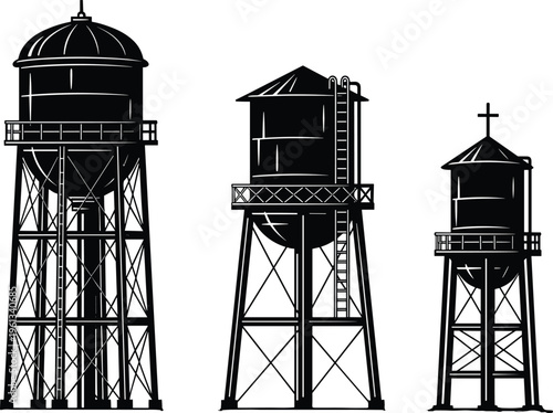 Water tower silhouettes set with elevated storage tanks and industrial steel structures isolated on white background for urban infrastructure, utility systems and architecture design