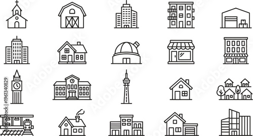 Minimalist Black Line Building Icons for Real Estate UI