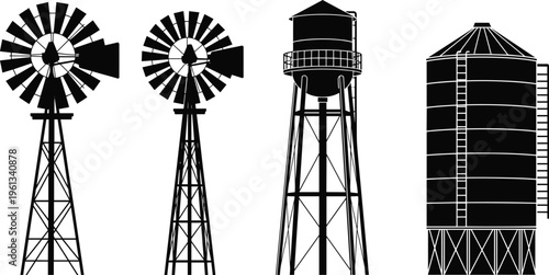 Windmill and water tower silhouettes collection with farm wind turbines and storage tanks isolated on white background for agriculture, rural landscape and infrastructure design