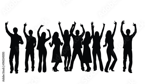 Group of people celebrating in silhouette against a white background joyful and lively atmosphere with raised arms