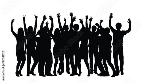 A group of people in silhouette celebrating with raised arms in unison