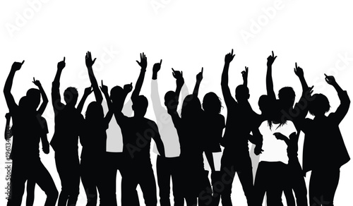 A group of people in silhouette raising their hands in celebration or protest against a plain white background