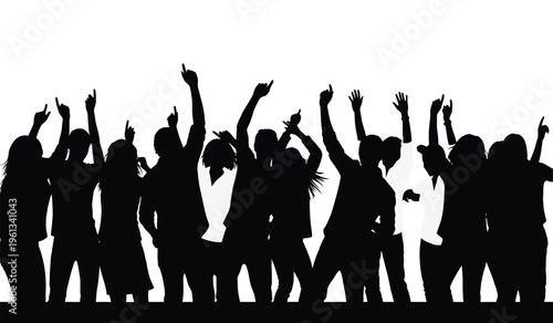 A group of people in silhouette celebrating with raised arms in unison against a white background conveying unity and joy silhouette