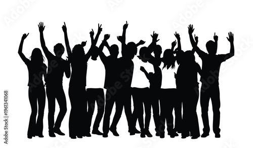 A group of people in silhouette celebrating with raised arms in unison