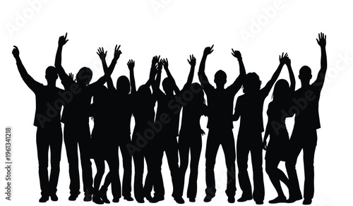 A group of people in silhouette celebrating with raised arms in unison
