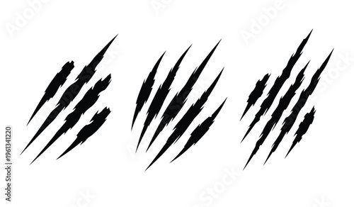 A silhouette of three sets of sharp black claw marks on a white background resembling tiger or bear scratches forming a striking pattern