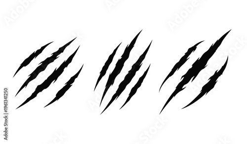 A silhouette of three sets of sharp black claw marks on a white background resembling tiger or bear scratches