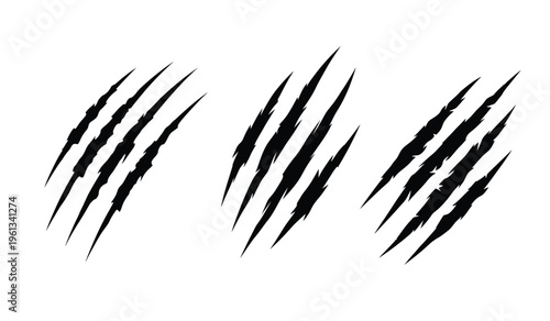 A silhouette of three sets of sharp black claw marks on a white background resembling tiger or lion scratches forming a striking pattern