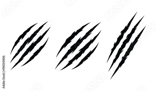 Three black claw marks or tiger claw swipes in a row silhouette style on white background