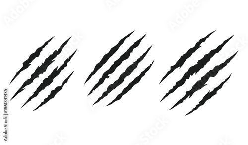 A silhouette of three sets of sharp black claw marks on a white background resembling tiger or bear scratches forming a striking pattern