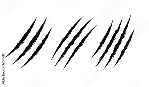 A silhouette of three sets of sharp black claw marks on a white background resembling tiger or lion scratches silhouette