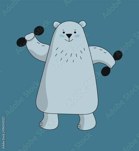 Polar Bear with dumbbells, exercises, fitness, sports. Body positivity. Funny animal, cartoon bear.
