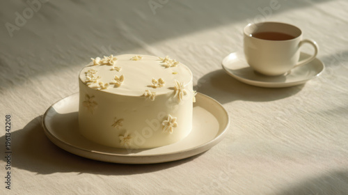 A single round birthday cake of medium size, smooth off-white butter cream with refined, gentle cream decorated with small, delicate plum blossom motifs