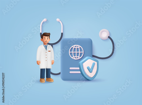 3D illustration of doctor with stethoscope, global icon and protection shield. Concept of healthcare insurance, medical security and global health services.