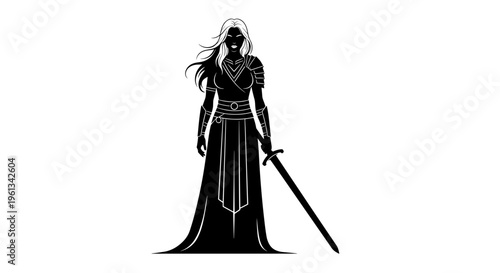 A powerful black silhouette vector illustration features a regal female warrior with long flowing hair and a sword.