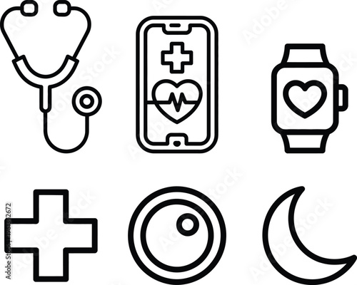 Collection of icons representing health, wellness, and medical technology