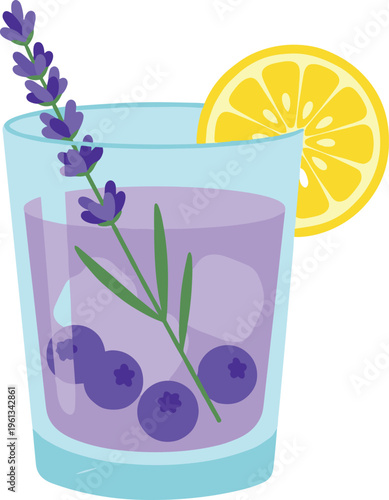 A glass of lavender lemonade with blueberries and lemon slice garnish