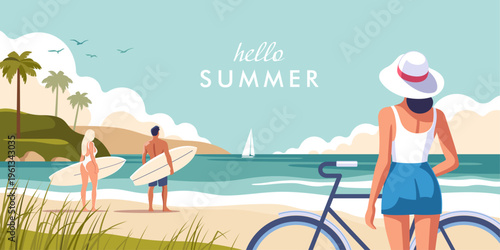 Concept of summer party, vacation and travel. A scene at the beach captures couple preparing of surfing, a woman leans on her bike and relaxing by the sea. Vector illustration.