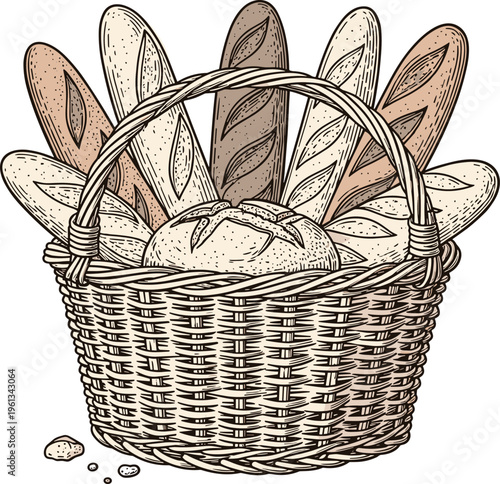 A wicker basket filled with various types of bread and baguettes