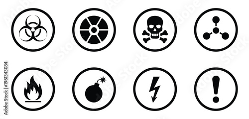 Biohazard, radiation, skull and crossbones, exclamation mark, flammable, chemical hazard, high voltage, explosive icon set