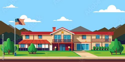 Building, motel, base, cottage, hotel, house, cultural center, patriotism, flag, tourism, travel, lawn, road, bushes, trees, mountains, clouds, sky, panorama, vector.