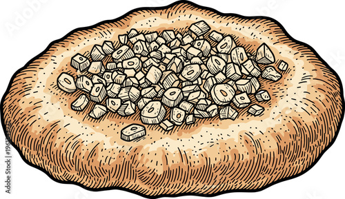 A detailed illustration of a mushroom with gray spores on its cap