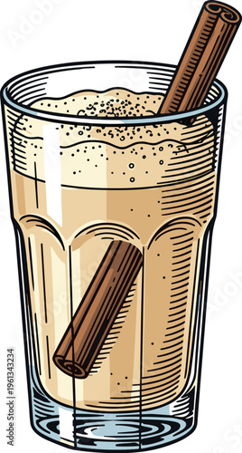 An illustration of a cold creamy drink with two cinnamon sticks in a glass