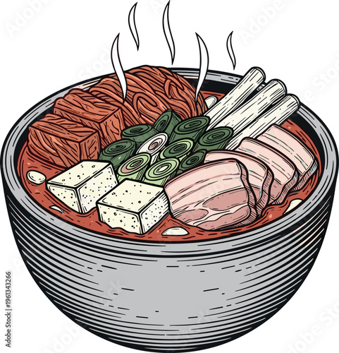 A steaming bowl of traditional Korean spicy ramen with various toppings