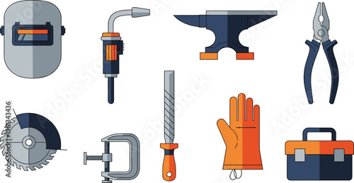 Metalworking and Welding Tools Set with Welder Mask Torch Anvil Saw Pliers Gloves Clamp and Toolbox Vector Illustration