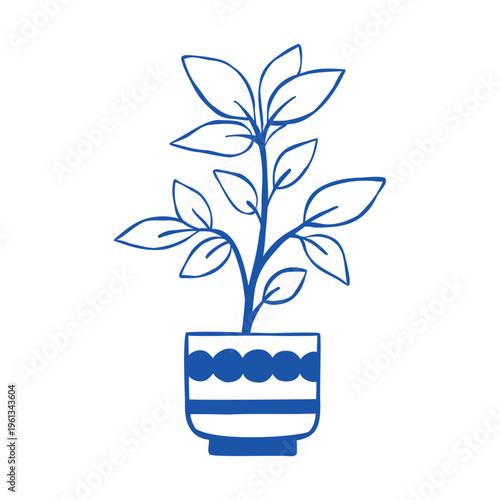 Vector line illustration of Ficus elastica in a pot. Hand-drawn house plant isolated on a white background. Botanical drawing of rubber fig for poster, card, or coloring book.