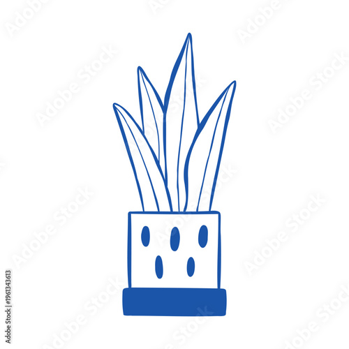 Minimalist vector line illustration of Sansevieria in a pot. Hand-drawn houseplant isolated on a white background. Outline botanical drawing of Snake plant for poster, card, or packaging design.