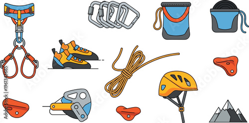 Rock Climbing Gear Set with Harness Shoes Rope Carabiner Helmet Chalk Bag and Mountain Equipment Vector Illustration