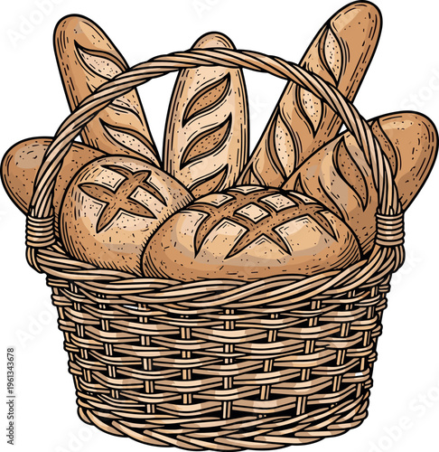 A wicker basket filled with freshly baked bread and baguettes