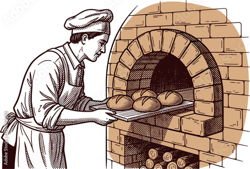 A baker takes freshly baked bread out of a brick oven